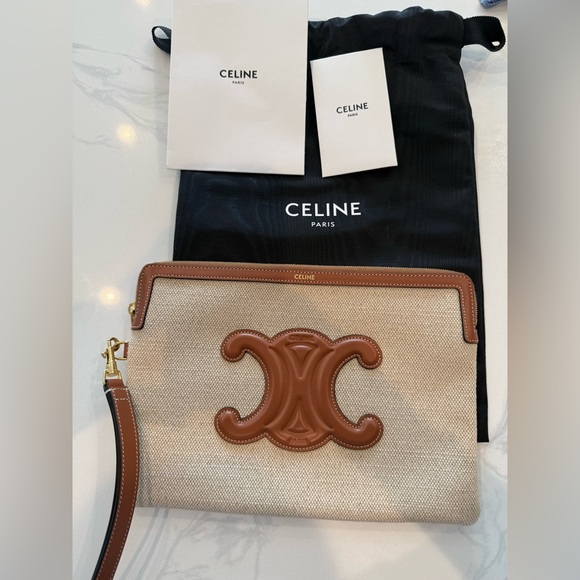 Celine Cream and Brown Clutch with Leather Logo - Picture 1 of 5